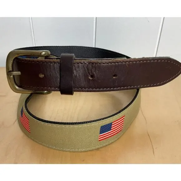 Castaway Nantucket Men's Patriotic Flag Tan and Leather Belt Size‎ 42